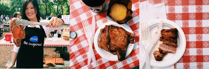 Grilled pork chop on a paper plate with plastic flatware and a beer.