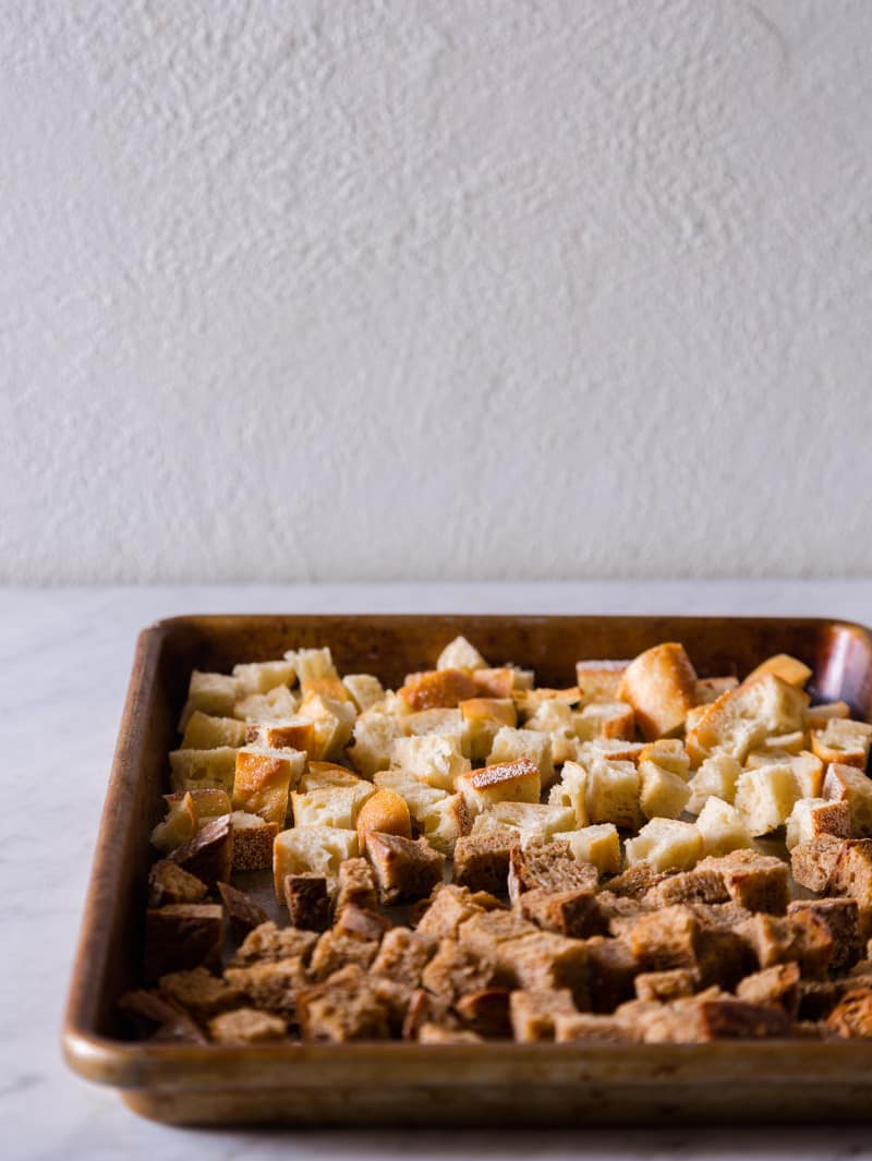 A tray of bread for apple and fennel stuffing.