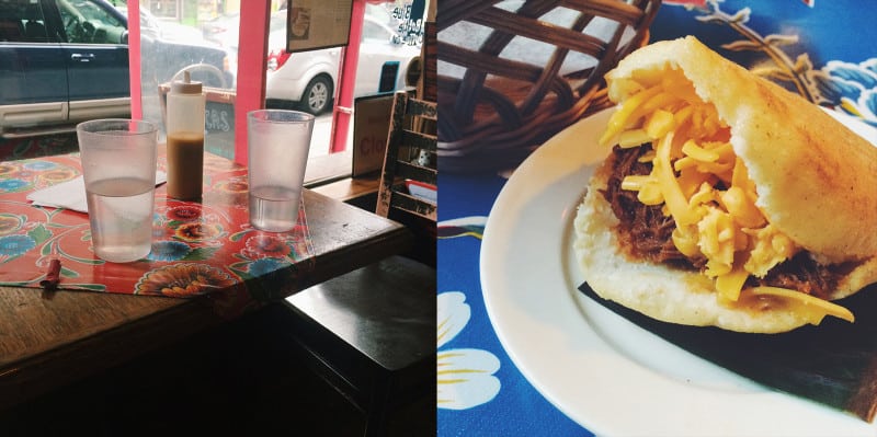 A split photo, a glass on a table and a sandwich on a plate.