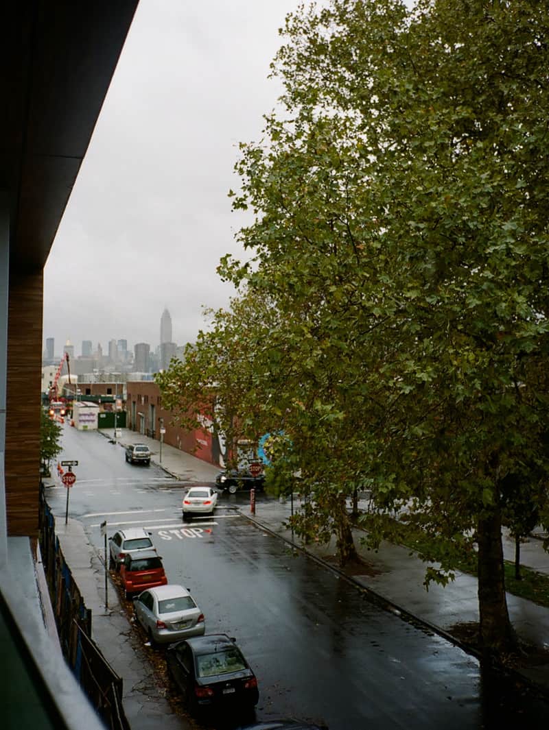 A view of a city street from above.