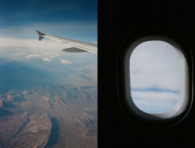 A split photo of a view of an airplane and from the window.