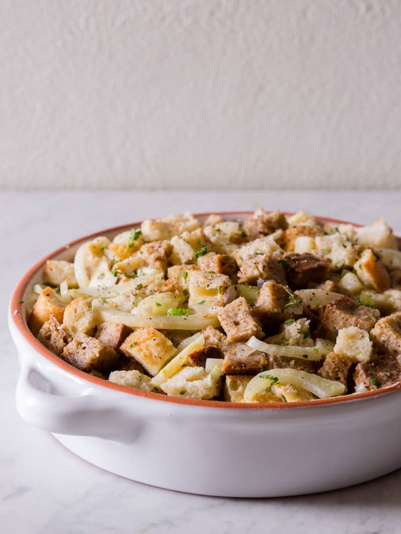 A bowl of apple and fennel stuffing.