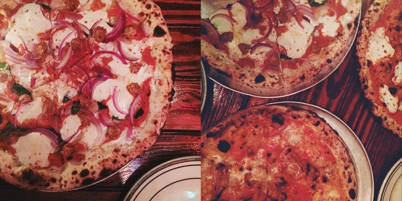 A split photo of close up photos of pizzas.