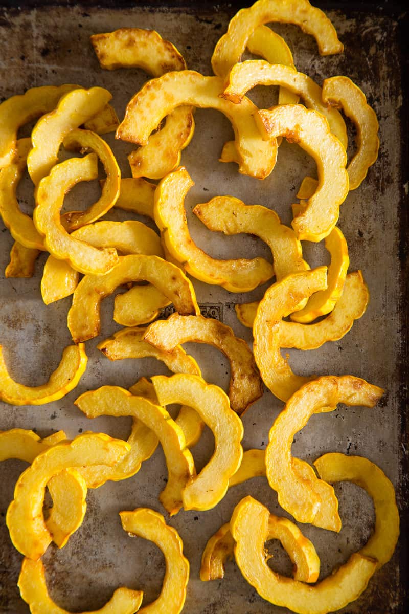 A close up of honey roasted delicata squash.