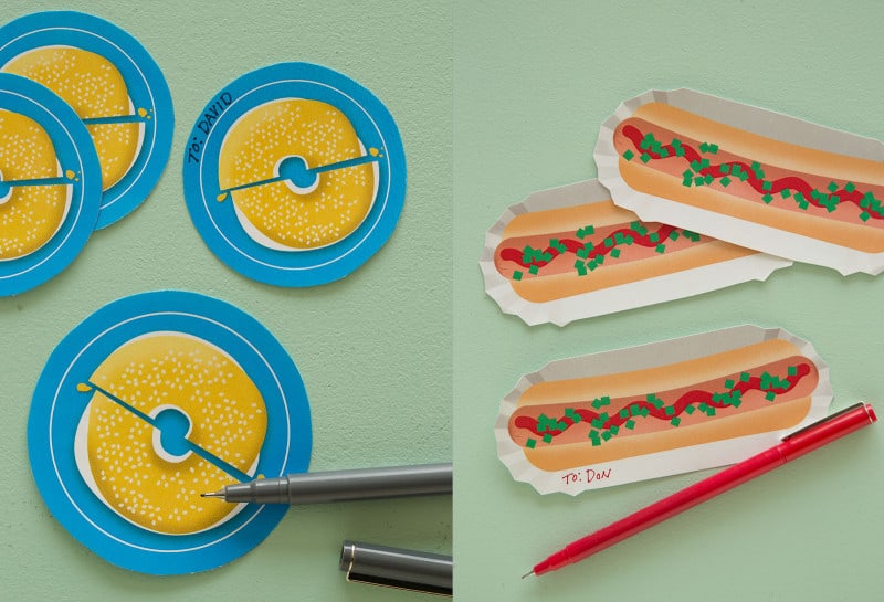 A split photo of bagel and hotdog printable food gift tags with pens.