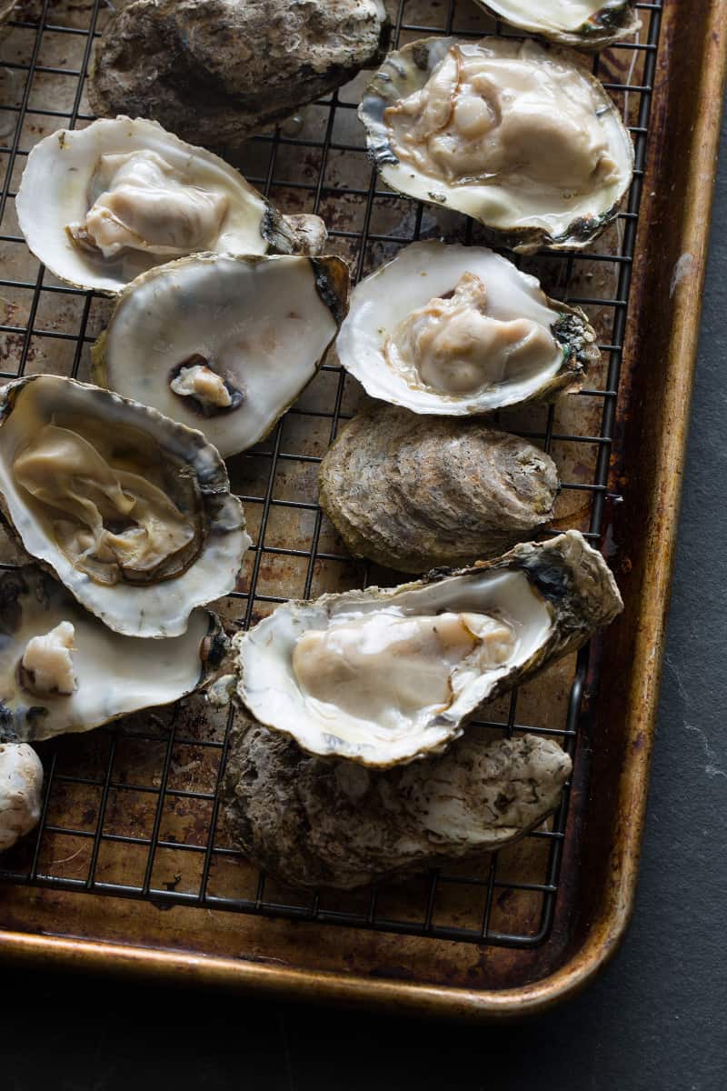 A close up of shucked oysters on a wire rack and sheet pan.