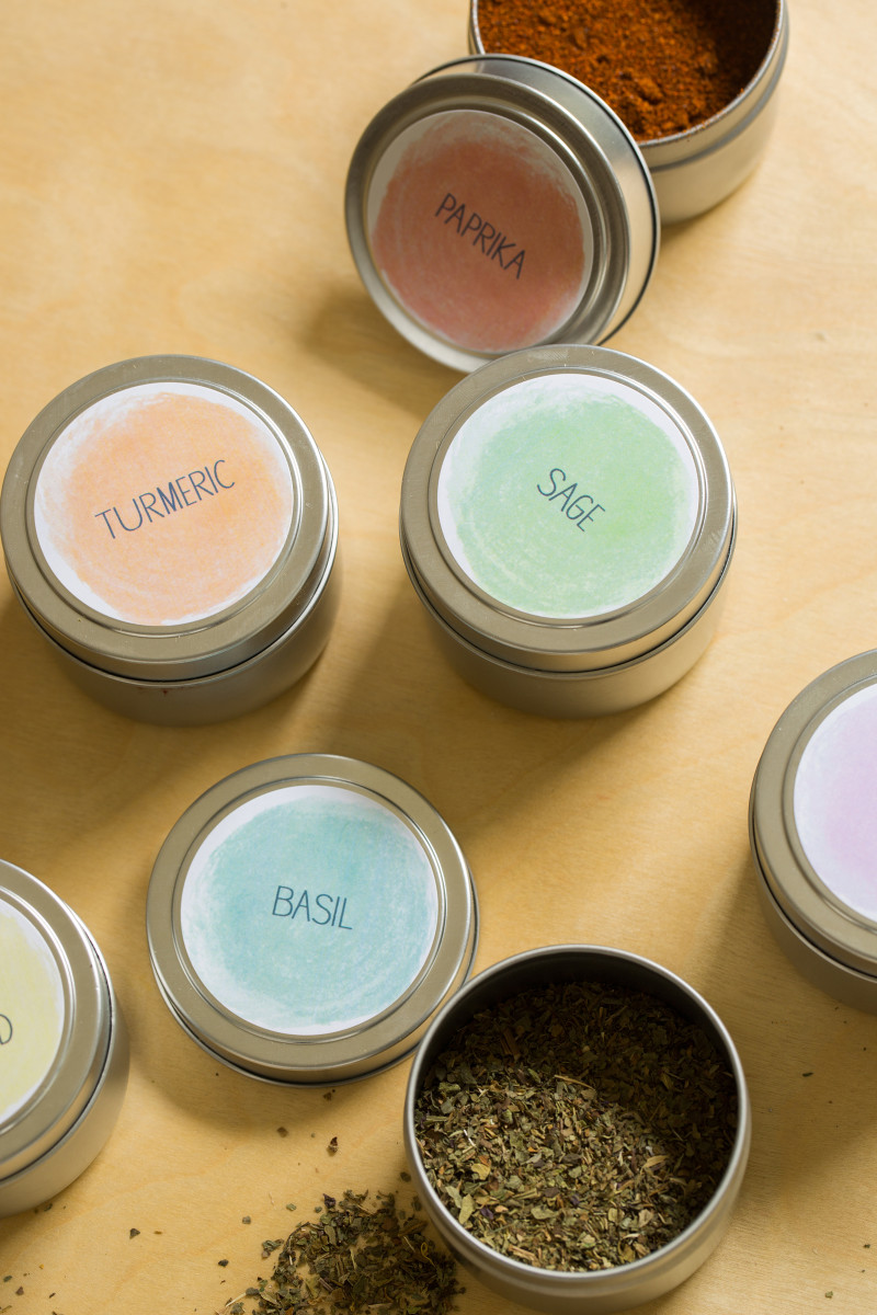 A close up of printed spice labeled containers.