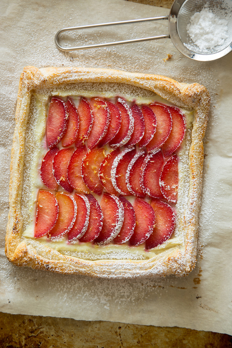 A finished stone fruit tart.