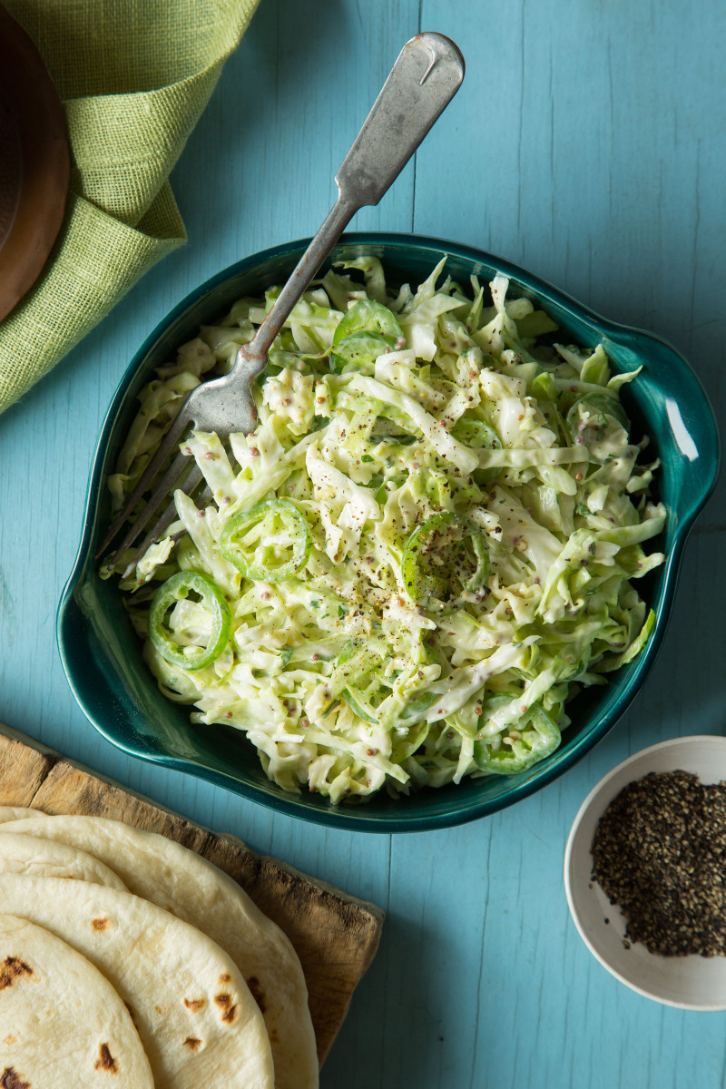 A bowl of jalapeño slaw for Baja style fish tacos.