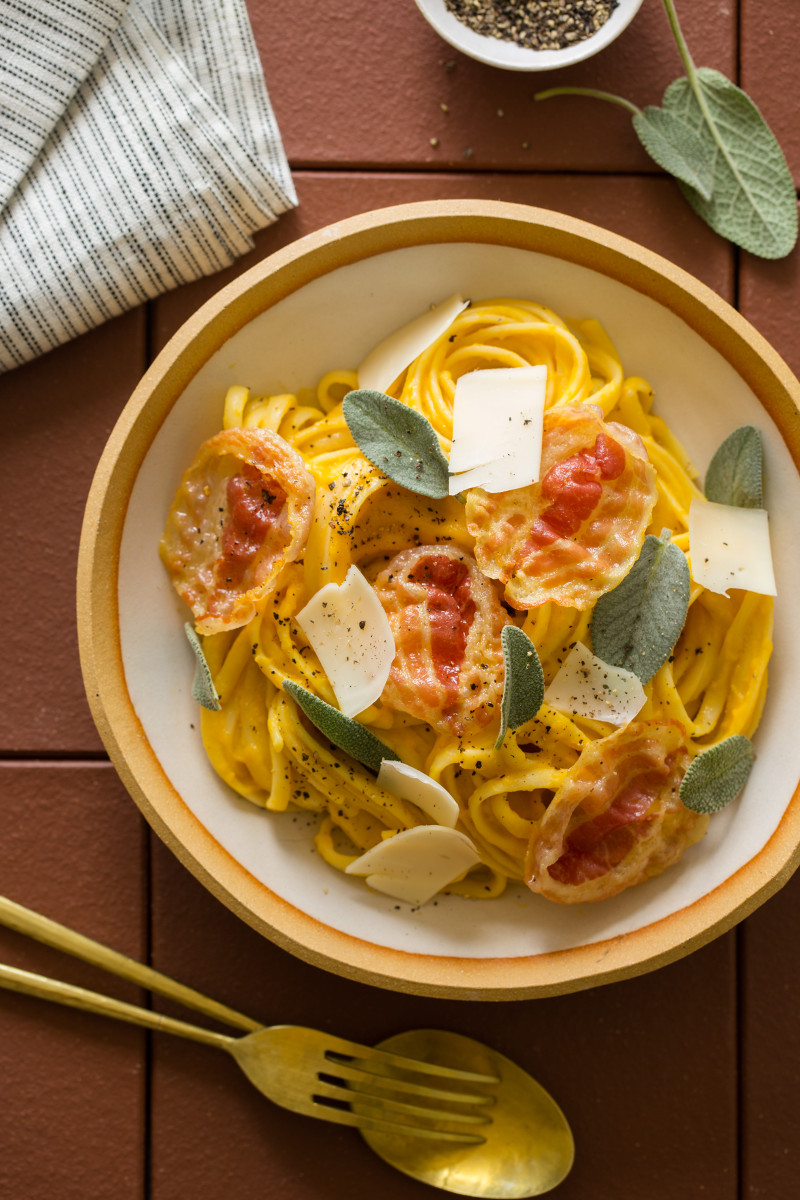 Linguine with Butternut Squash Vegan "Cream Sauce" close up overhead. 