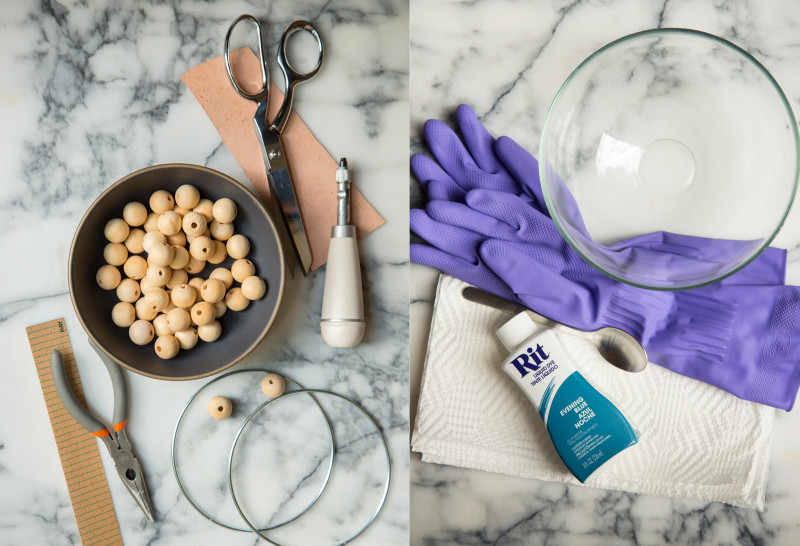 A split photo of supplies needed to make and dye the beaded towel rings.