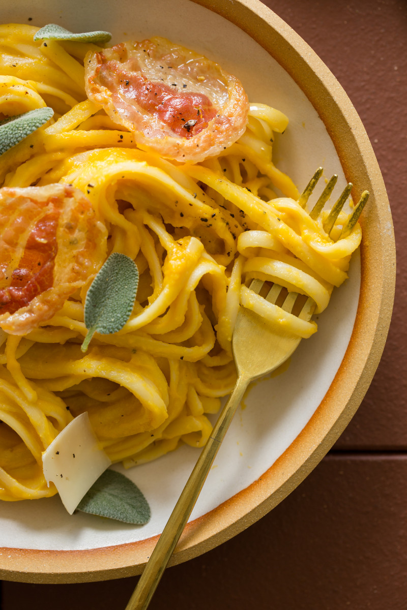 Linguine with Butternut Squash Vegan "Cream Sauce" close up overhead with a fork in it. 