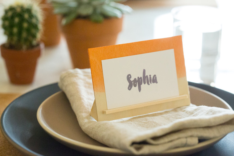 Balsa wood place card stands with name cards