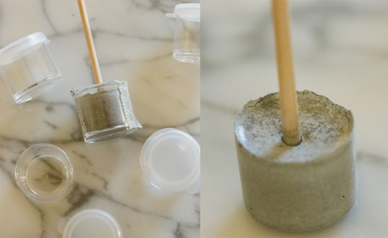 A split photo, dowels being set in cement in small containers and close up of cement.