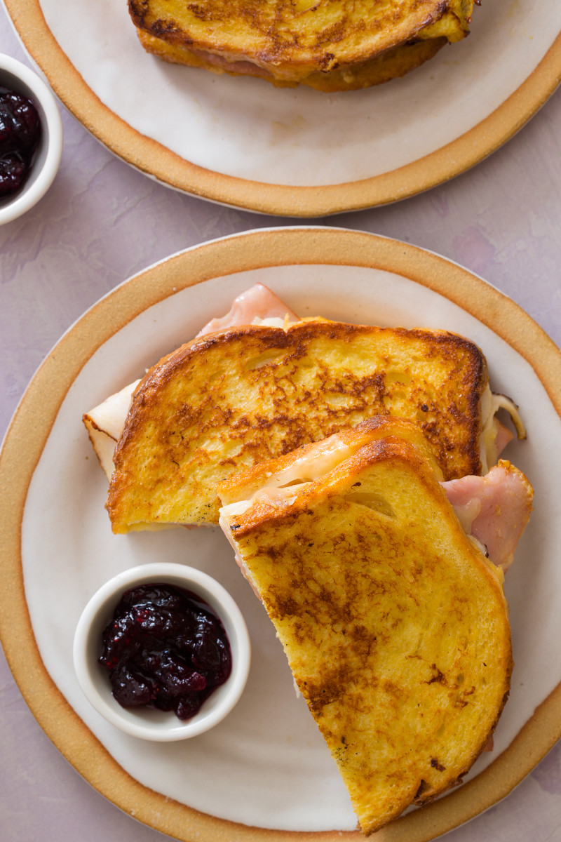 Monte Cristo sandwich with cranberry jam.