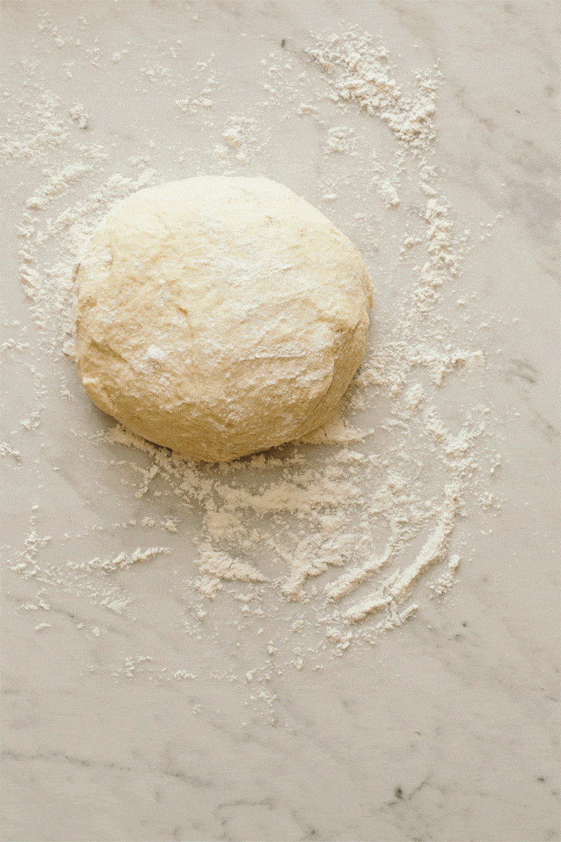 Process of dough, pressed, filled, rolled and braided into cake gif.