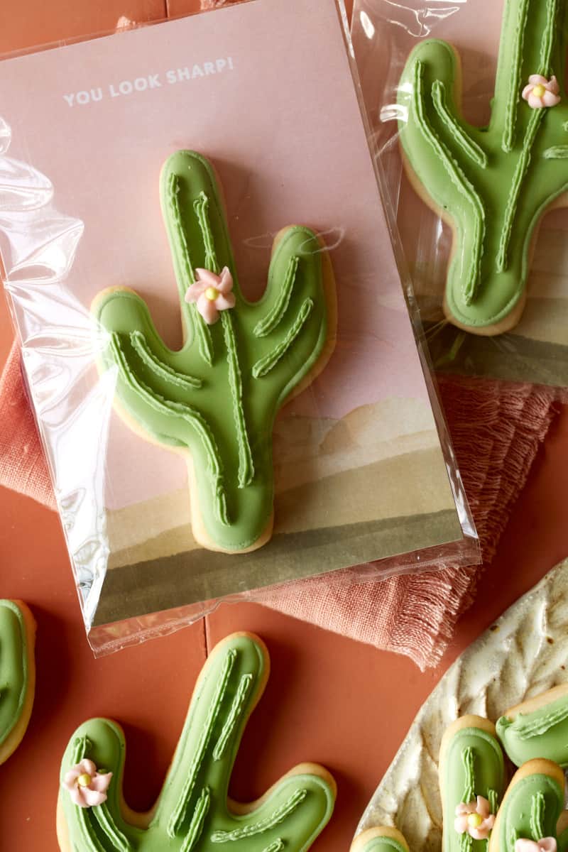 A close up of a DIY cactus cookie valentines.