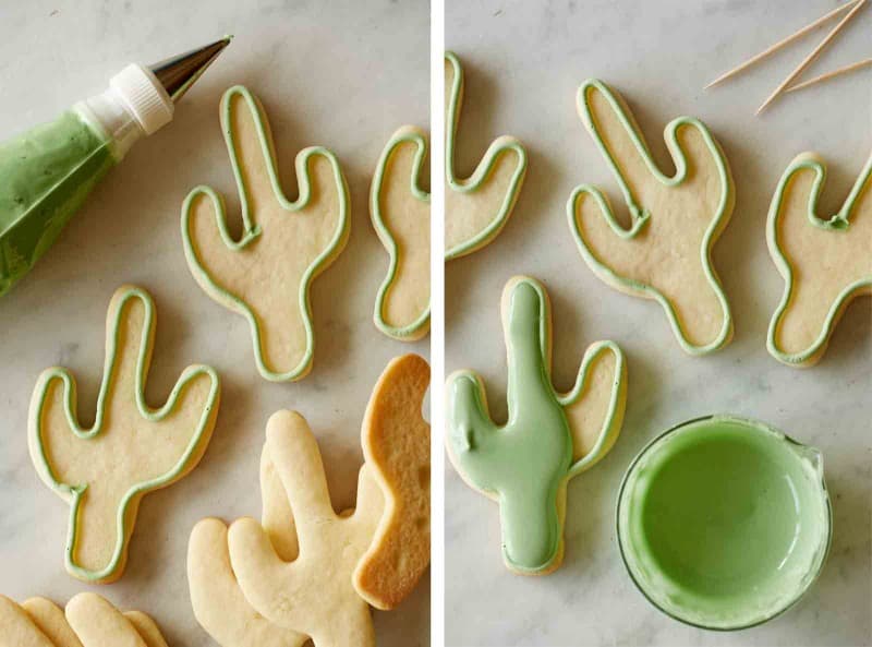 Split photo of cactus cookies being finished with green frosting and a piping bag.