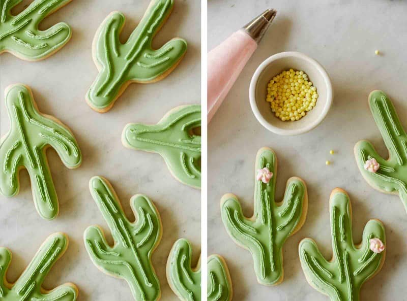 Split photo of frosted cactus cookies with yellow sprinkles, and a piping bag of pink frosting.