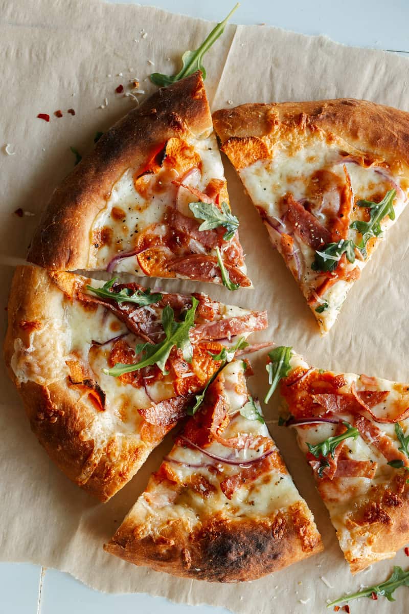 Roasted Sweet Potato, Salami and Arugula Pizza