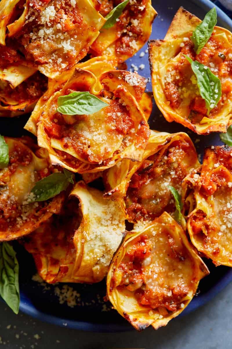 A close up of lasagna cups.