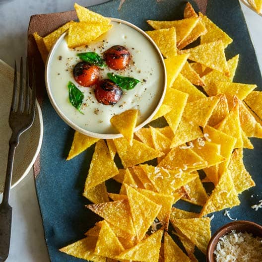 Baked Polenta Chips with Caprese Topped Mozzarella Dip