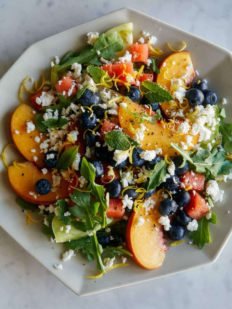 A close up of end of summer fruit salad.