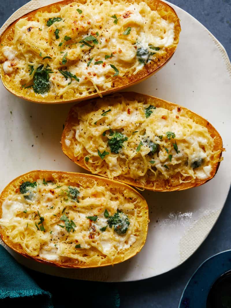 A plate of spaghetti squash and broccoli alfredo.