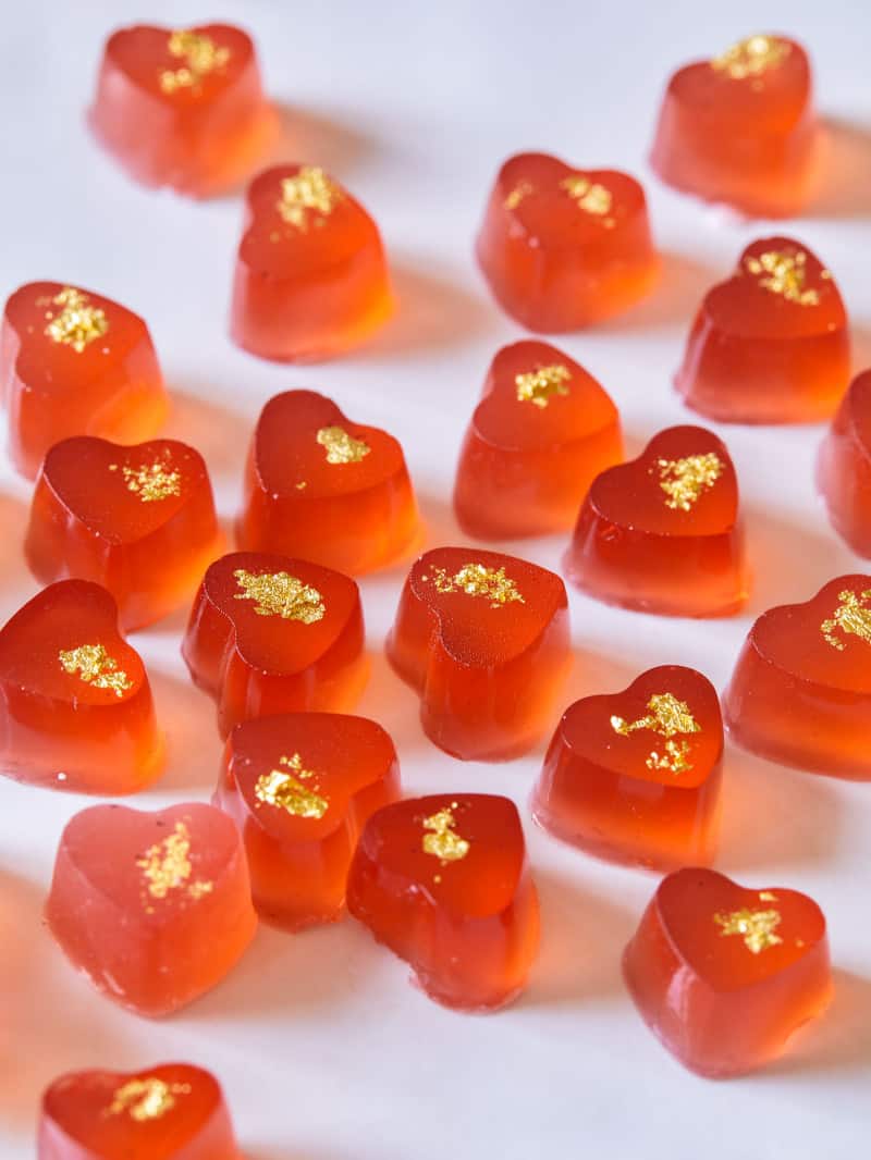 Strawberry gummies in the shape of hearts. 