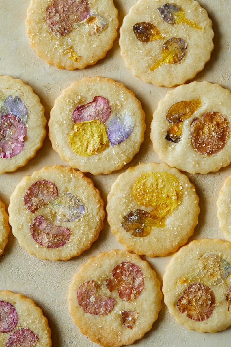 A close up of floral pressed butter cookies.