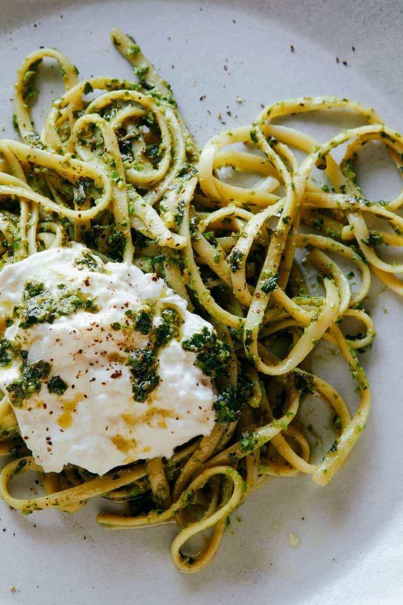 Burrata Topped English Pea, Basil Pistachio Pesto with Linguine