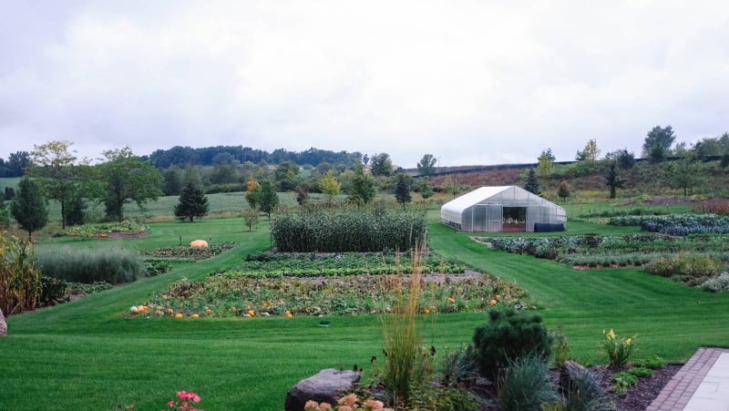 A lush garden and greenhouse.