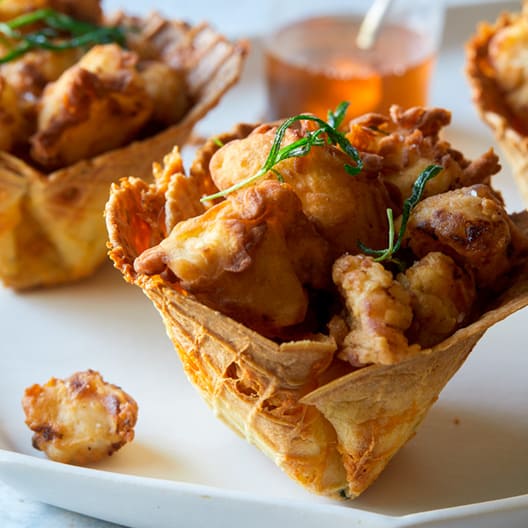 Popcorn Chicken in Cheesy Waffle Cups Spoon Fork Bacon