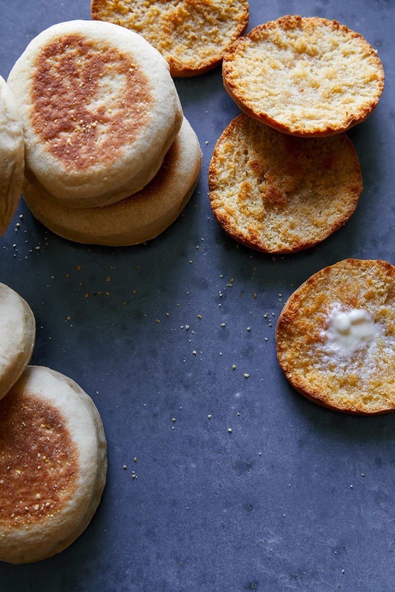 Homemade full and halved English muffins.