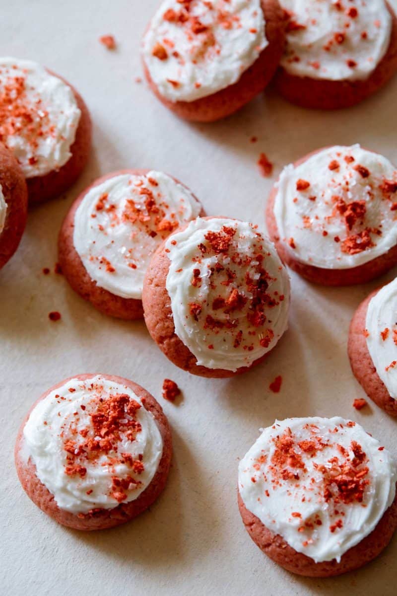 Soft and fluffy strawberry cookies with vanilla frosting.