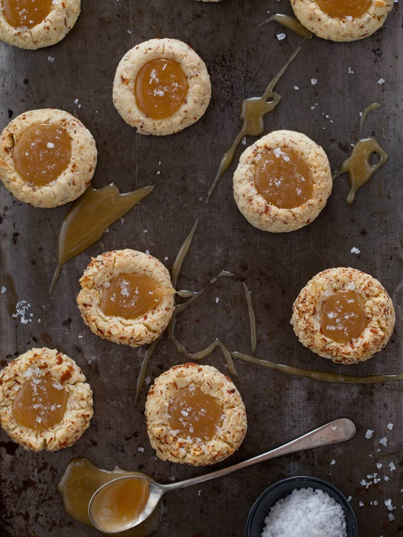 A recipe for Salted Caramel Thumbprint Cookies.