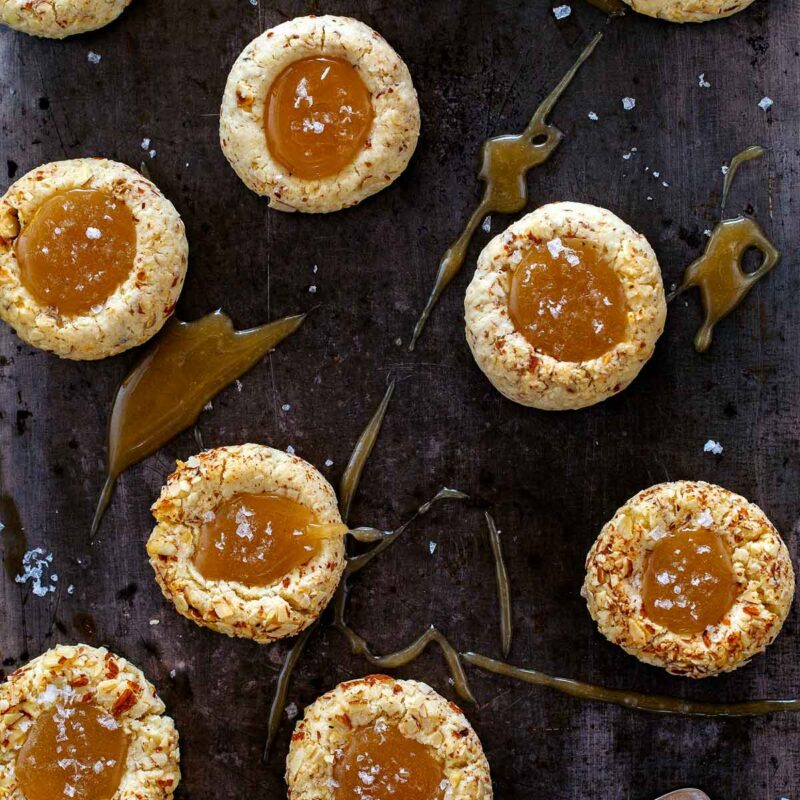 Salted Caramel Thumbprint cookies up close.