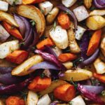 A recipe for aromatic roasted root vegetables up close.