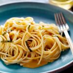 Uni Spaghetti recipe close up on a plate with nori on top.