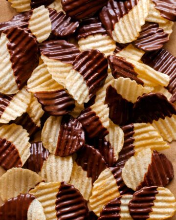 A close up of chocolate covered potato chips.