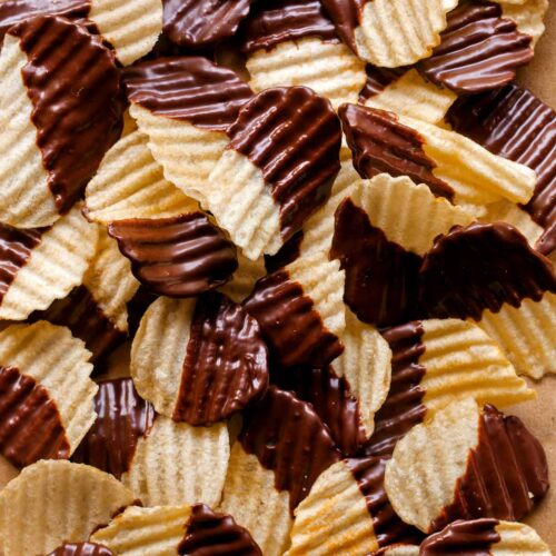 A close up of chocolate covered potato chips.