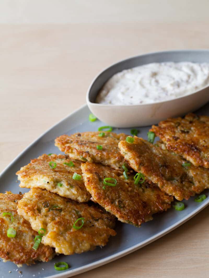 Cheesy Quinoa Cake recipe with a roasted garlic aioli