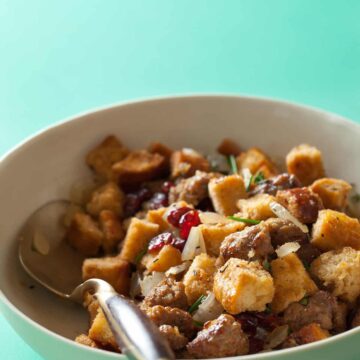 A recipe for Sausage and Sage Stuffing with dried cranberries and hazelnuts.