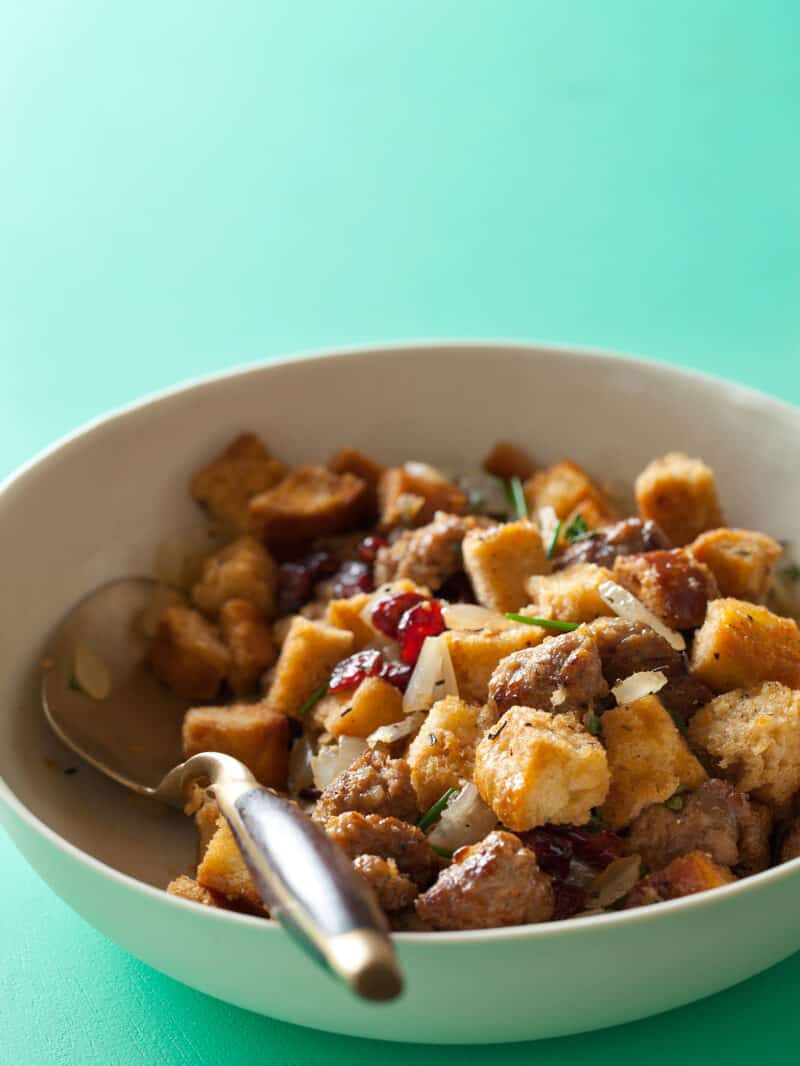 A recipe for Sausage and Sage Stuffing with dried cranberries and hazelnuts.