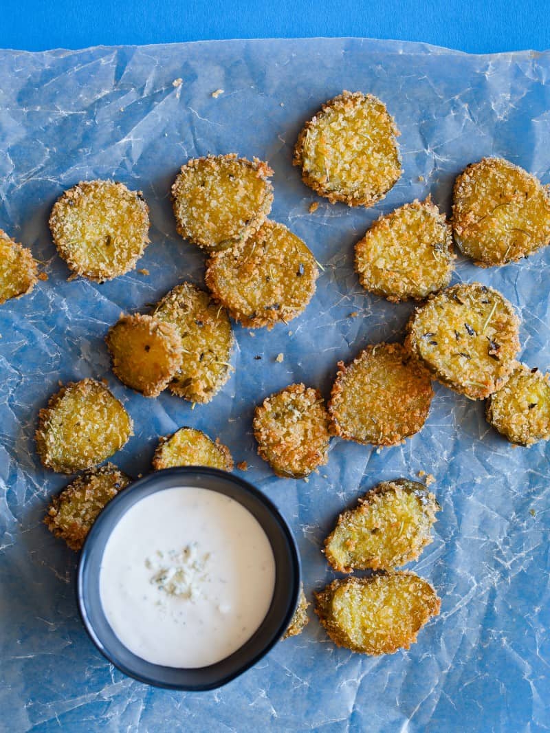 Panko Fried Pickle Chips with a bleu cheese dipping sauce.