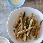 Baked Asparagus Fries with a trio of dipping sauces.