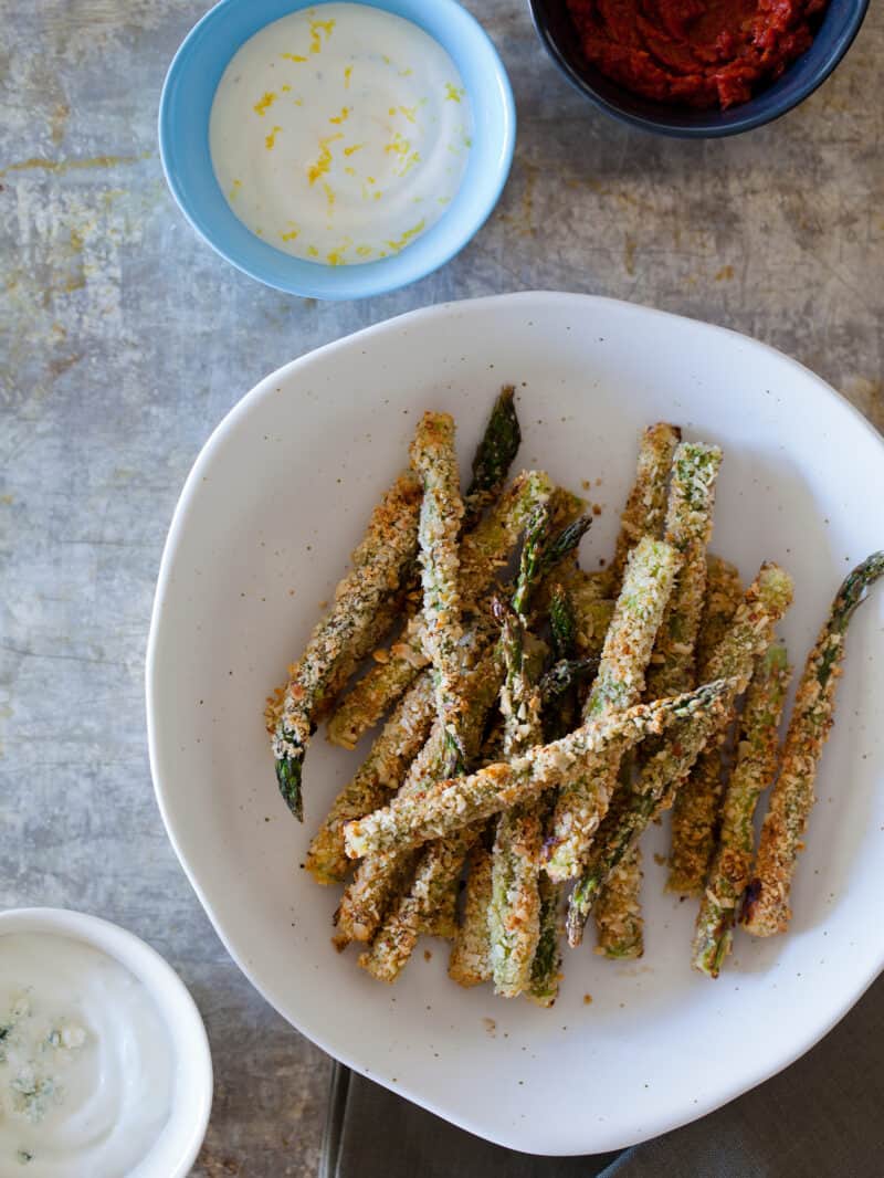 Baked Asparagus Fries with a trio of dipping sauces.