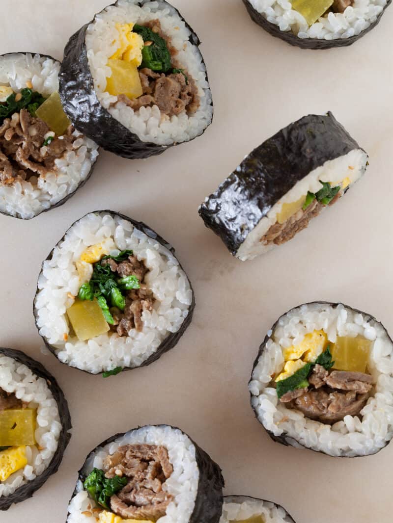 A recipe for Kimbap, which is a Korean style marinated beef sushi roll.