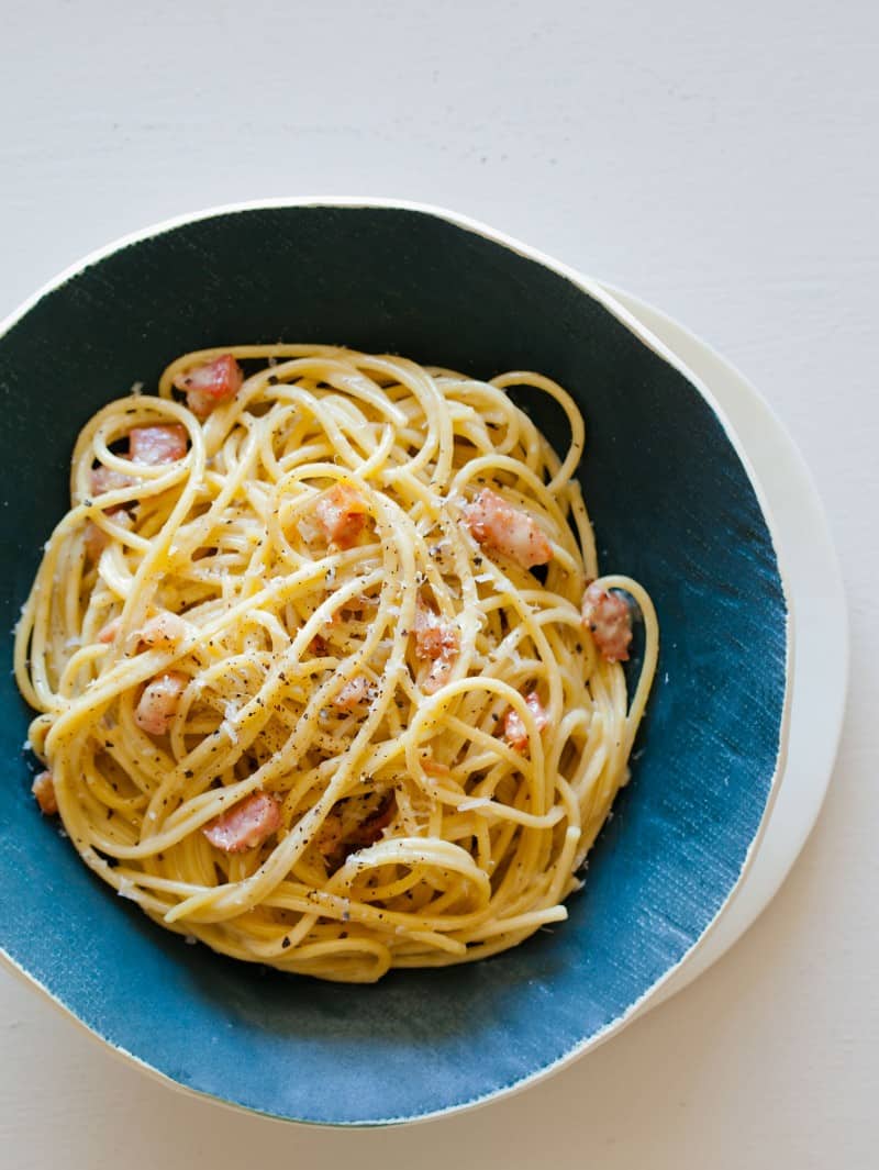 Basic pasta carbonara in a blue bowl.