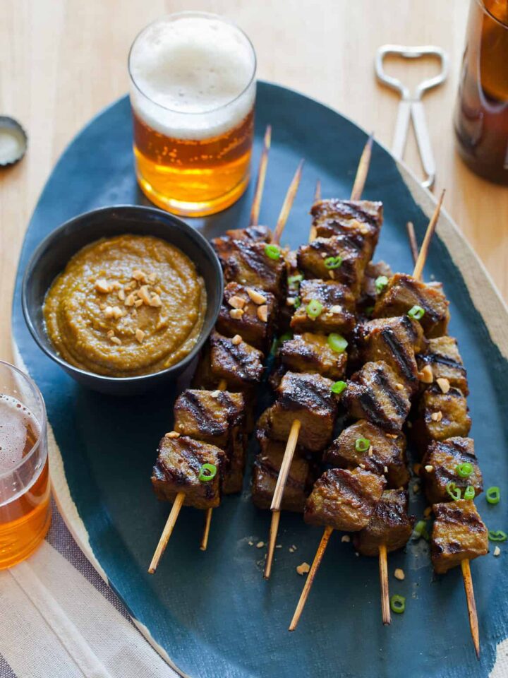 Beef Satay recipe with a peanut dipping sauce.